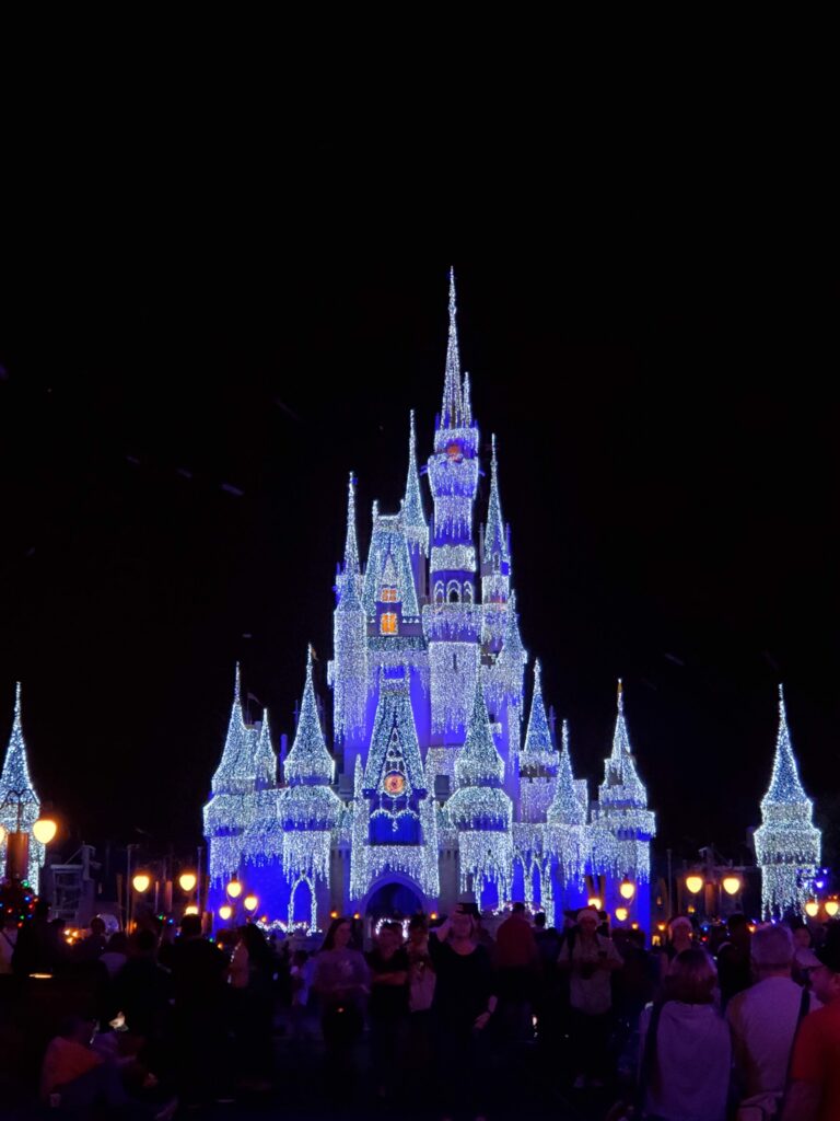 Cinderella Castle glowing with holiday lights at night at Magic Kingdom