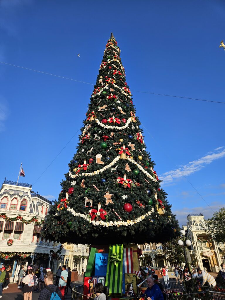 The giant Christmas tree on Main Street, U.S.A. at Magic Kingdom during the holiday season