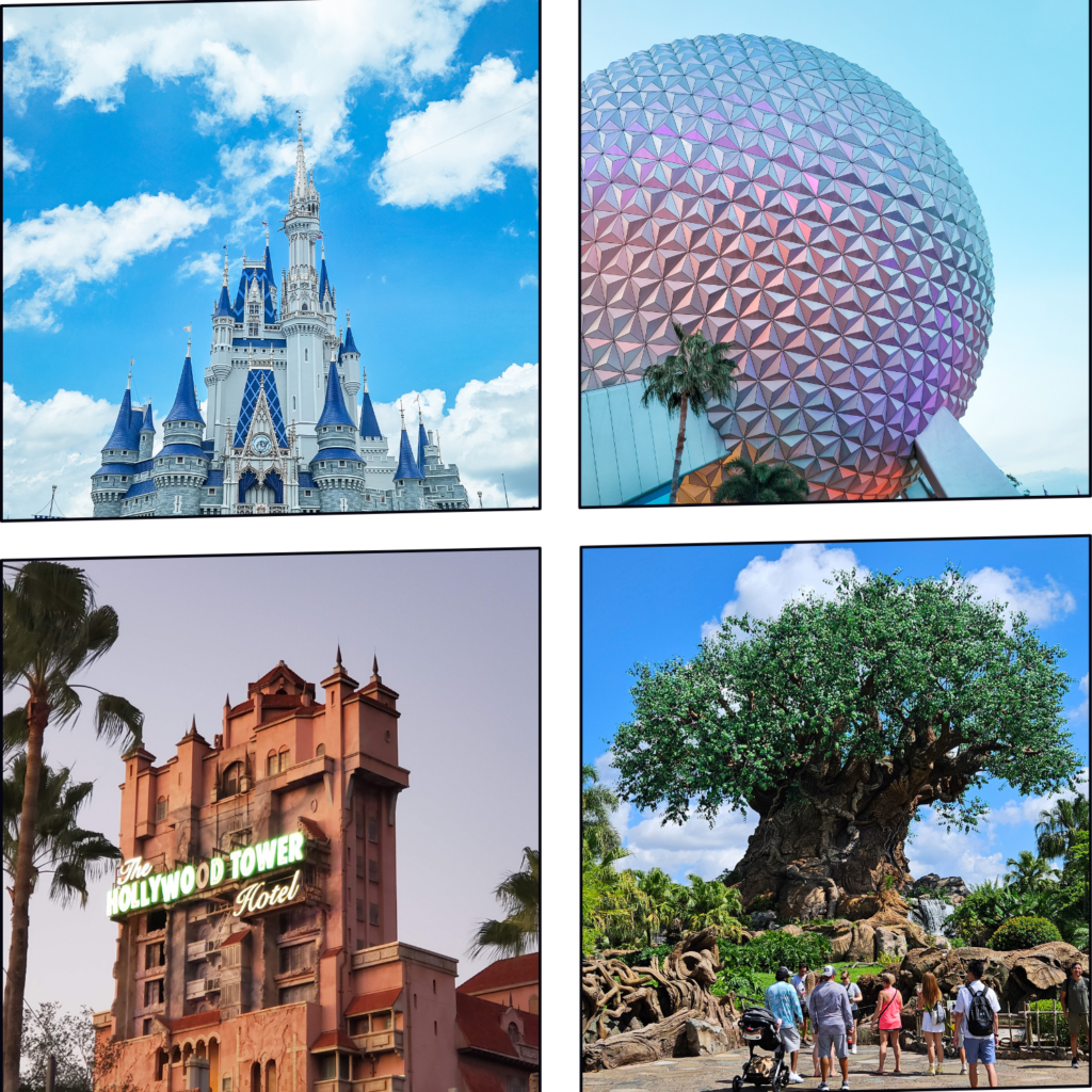 The four Walt Disney World parks: Cinderella Castle at Magic Kingdom, Spaceship Earth at EPCOT, the Tower of Terror at Hollywood Studios, and the Tree of Life at Animal Kingdom