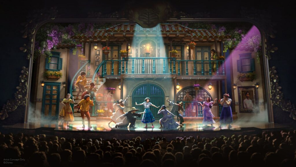 Artist concept of the Disney Encanto stage show in the Walt Disney Theatre on the Disney Believe with Mirabel and the Madrigal family