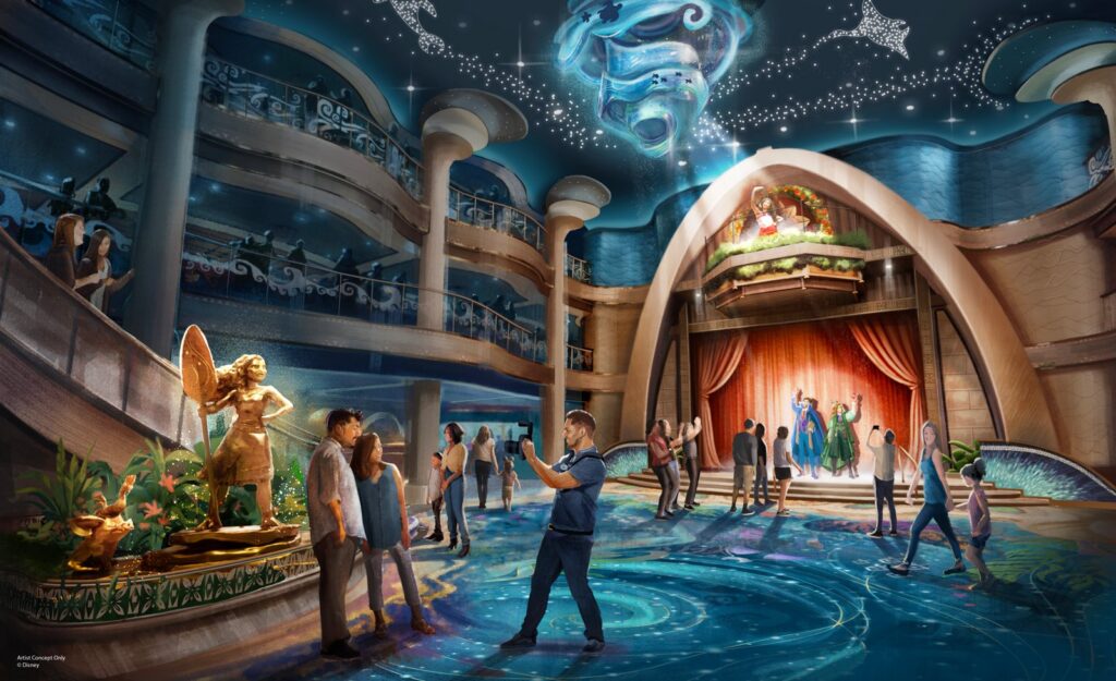 Artist concept of the Moana-themed Grand Hall on the Disney Believe with a bronze Moana statue and an ocean-inspired chandelier