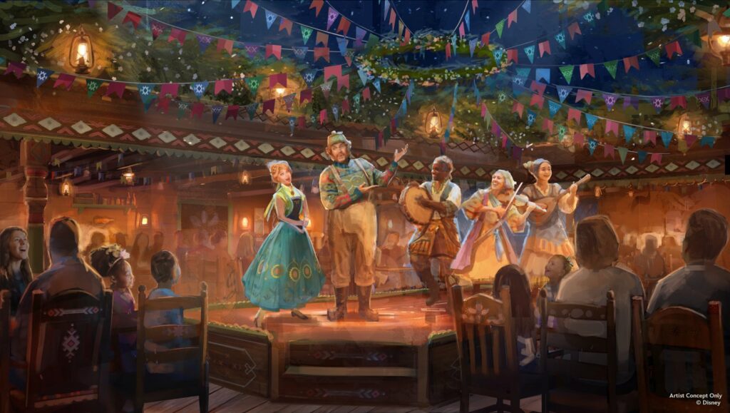 Artist concept of Oaken's Table: A Frozen Family Feast on the Disney Believe with Anna, Oaken, and musicians performing for diners