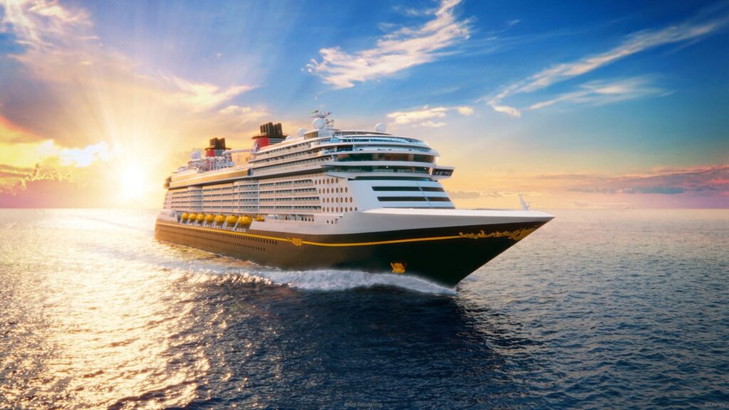 Artist rendering of the Disney Believe cruise ship sailing at sunset with Tinker Bell artwork on the bow